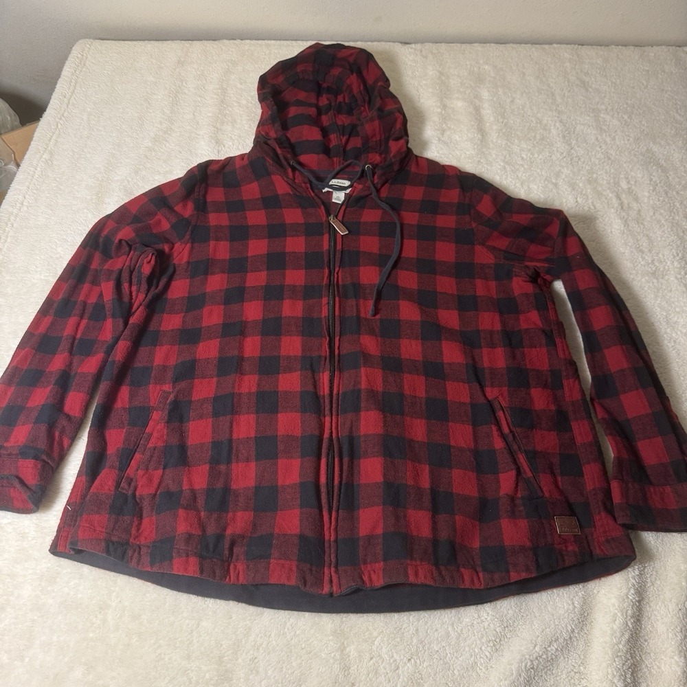 L.L.Bean Women's XL Plus Red Black Buffalo Plaid Hooded Flannel Jacket